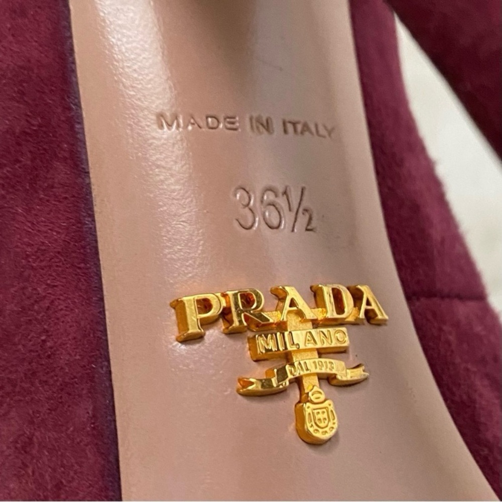 $1150 Prada Made in Italy Calzature Donna Oxblood Suede Platform Heels 6.5 - Picture 12 of 14